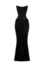Maxi Dress Strapless Boned Corset Satin Cowl Skirt