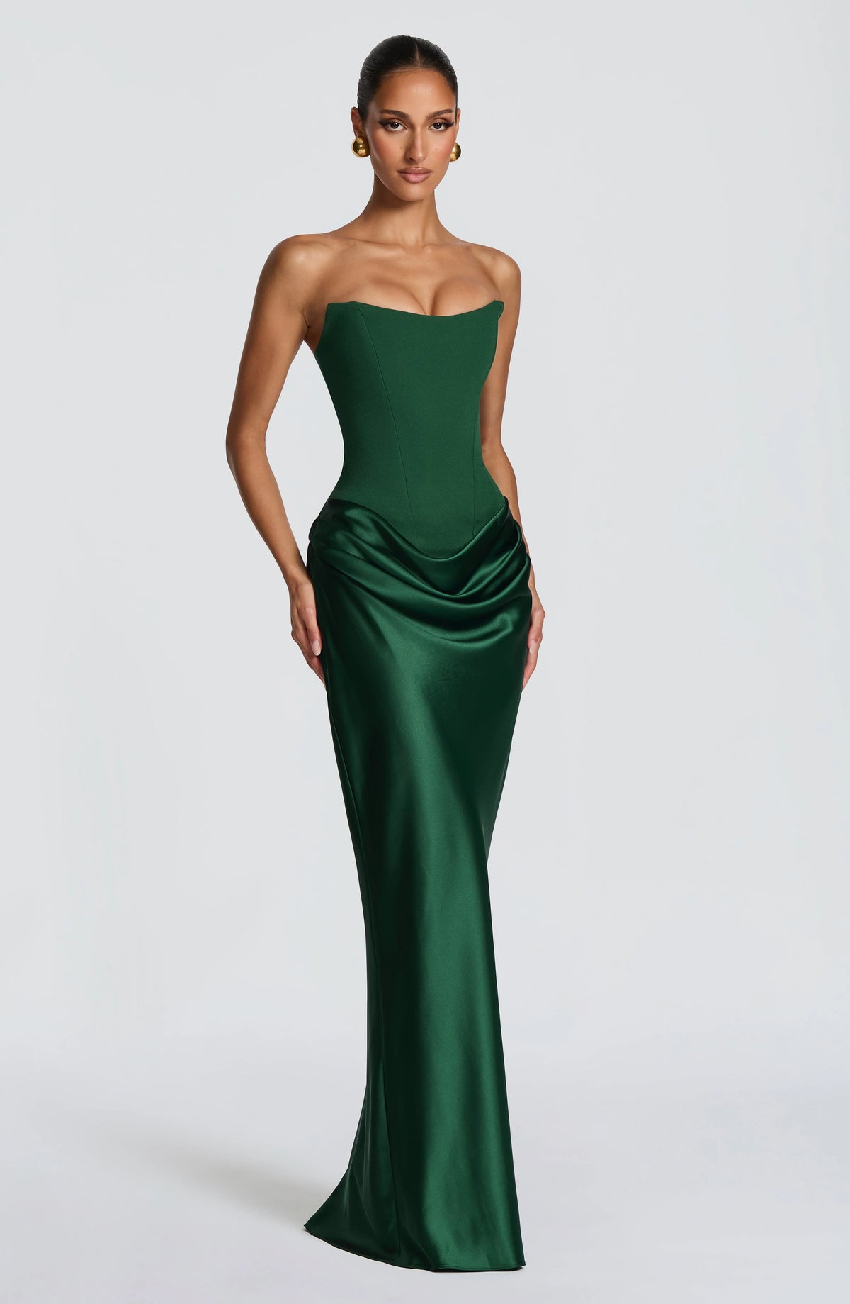 Maxi Dress Strapless Boned Corset Satin Cowl Skirt
