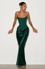 Maxi Dress Strapless Boned Corset Satin Cowl Skirt