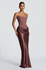 Maxi Dress Strapless Boned Corset Satin Cowl Skirt
