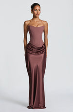 Maxi Dress Strapless Boned Corset Satin Cowl Skirt