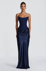 Maxi Dress Strapless Boned Corset Satin Cowl Skirt