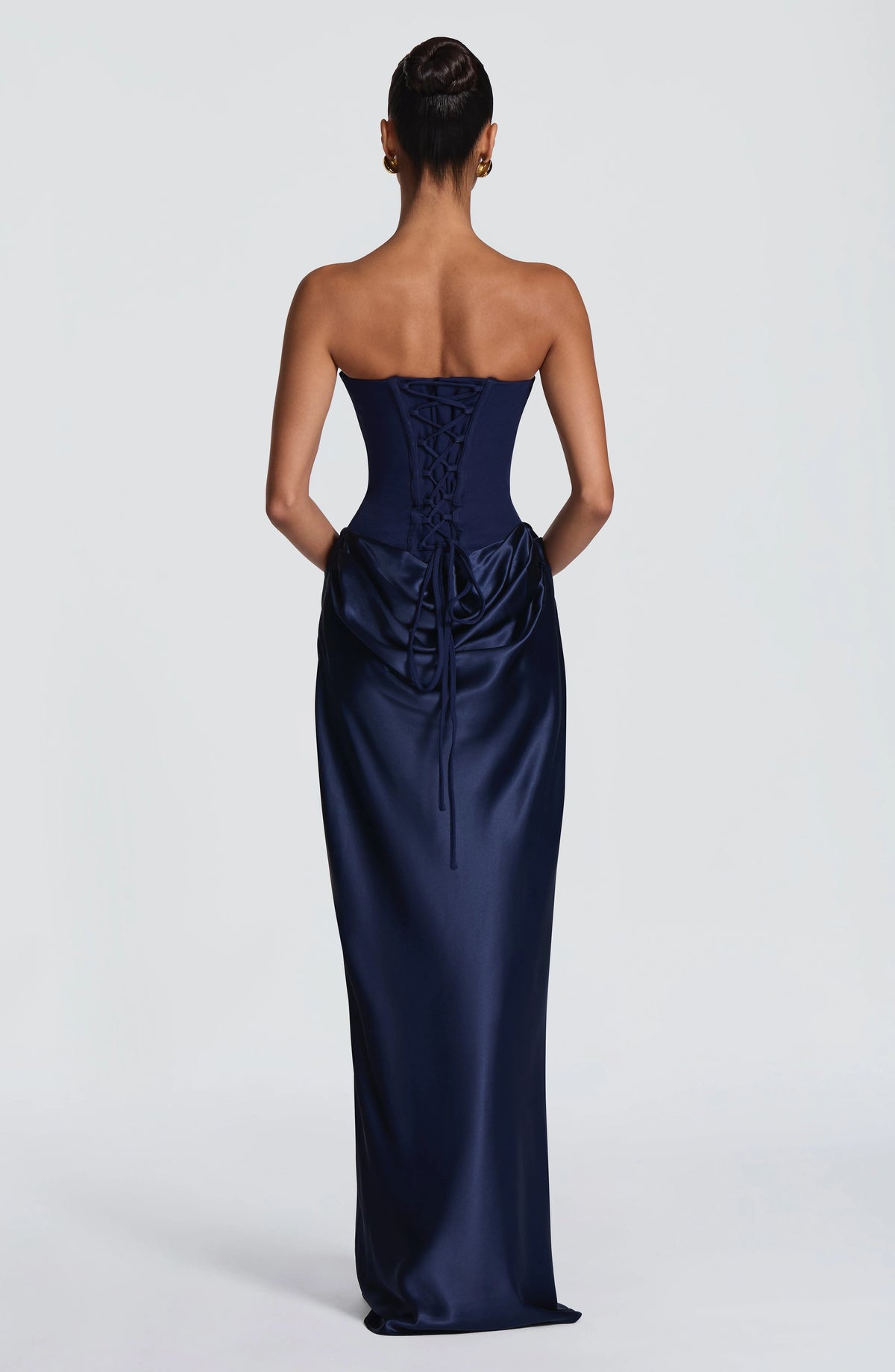 Maxi Dress Strapless Boned Corset Satin Cowl Skirt