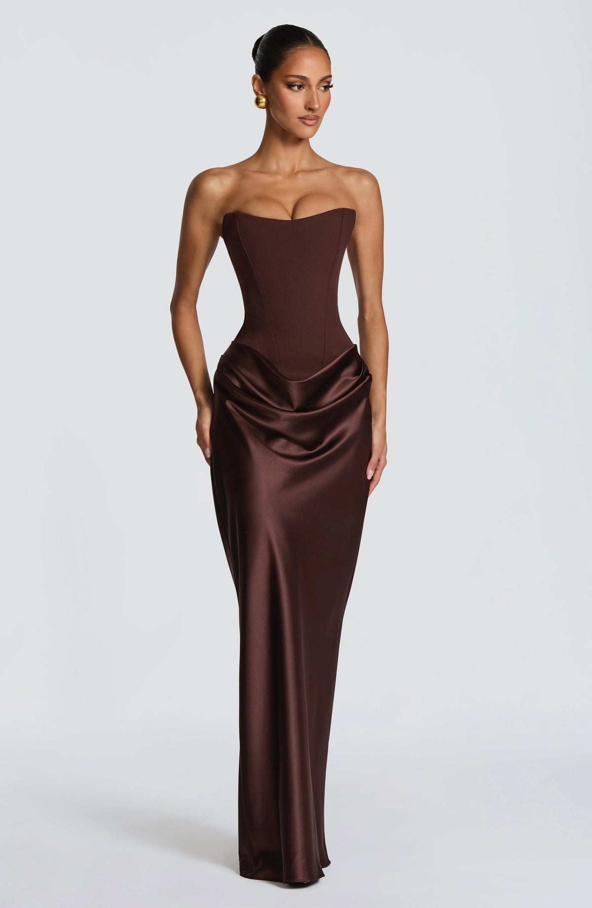 Maxi Dress Strapless Boned Corset Satin Cowl Skirt