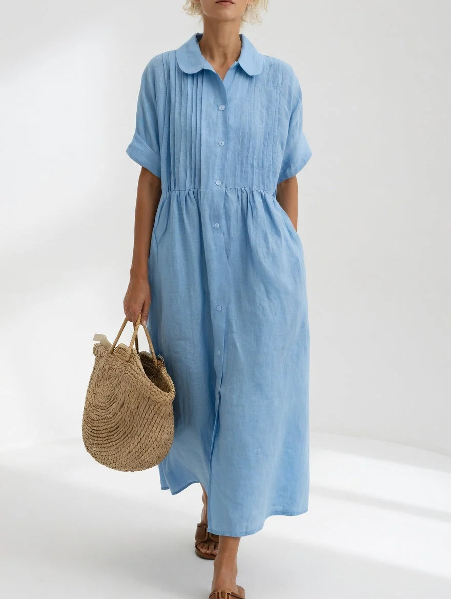 Maxi Shirt Dress 100% Cotton Button-Front Short Sleeves