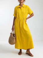 Maxi Shirt Dress 100% Cotton Button-Front Short Sleeves