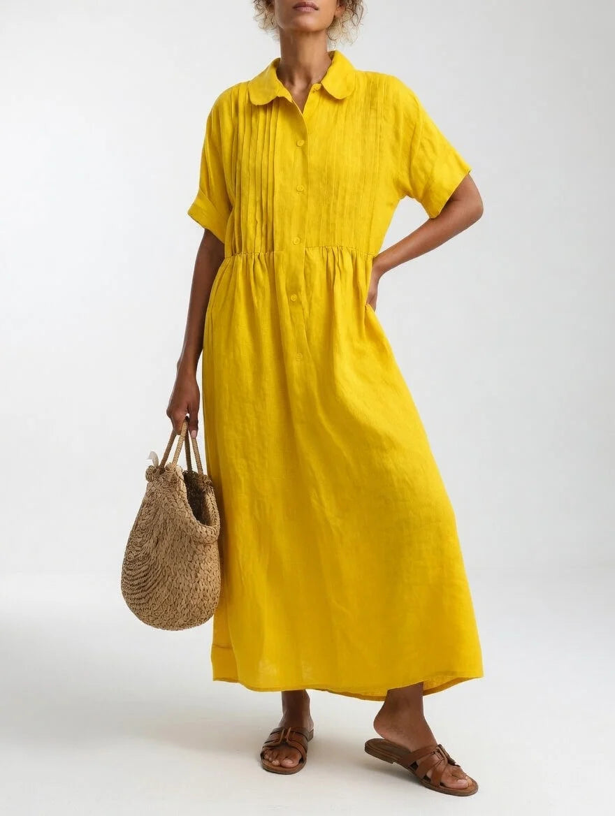 Maxi Shirt Dress 100% Cotton Button-Front Short Sleeves