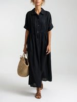 Maxi Shirt Dress 100% Cotton Button-Front Short Sleeves
