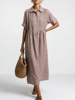 Maxi Shirt Dress 100% Cotton Button-Front Short Sleeves