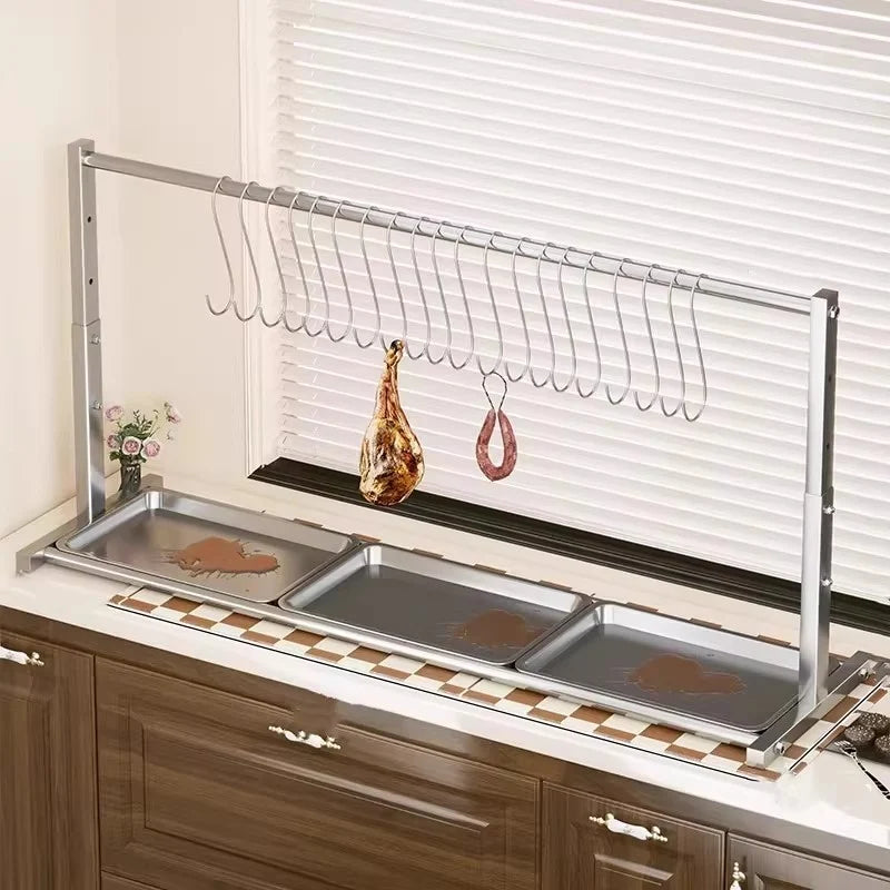 Meat Drying Rack Stainless Steel Adjustable Hooks Removable Drip Tray