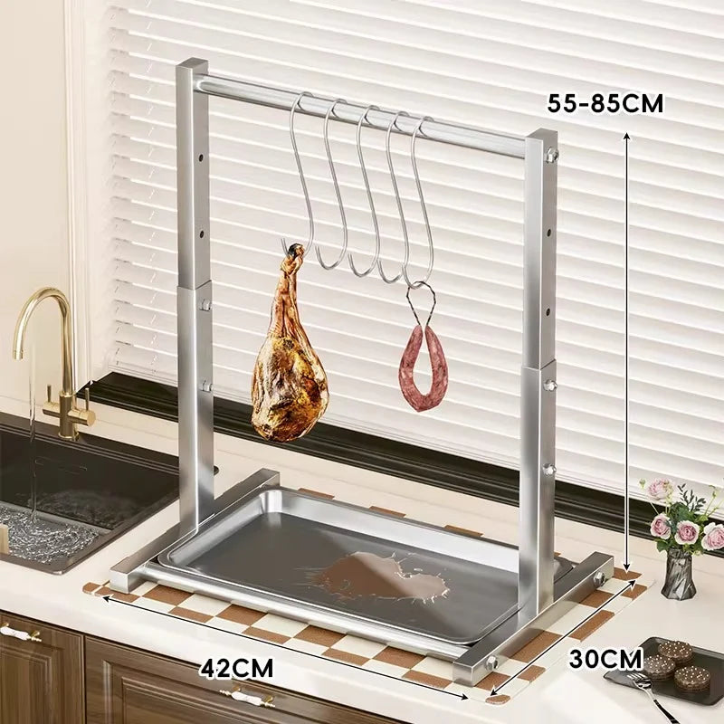 Meat Drying Rack Stainless Steel Adjustable Hooks Removable Drip Tray