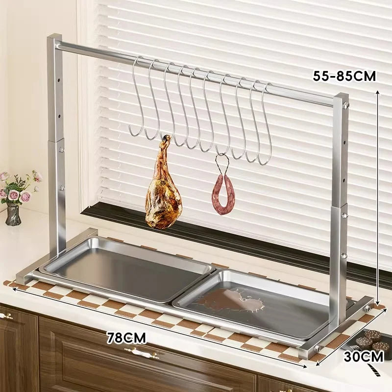 Meat Drying Rack Stainless Steel Adjustable Hooks Removable Drip Tray