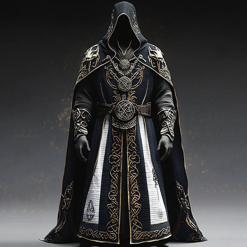 Medieval Robe Black Hooded Celtic Embroidery Floor-Length Cloak