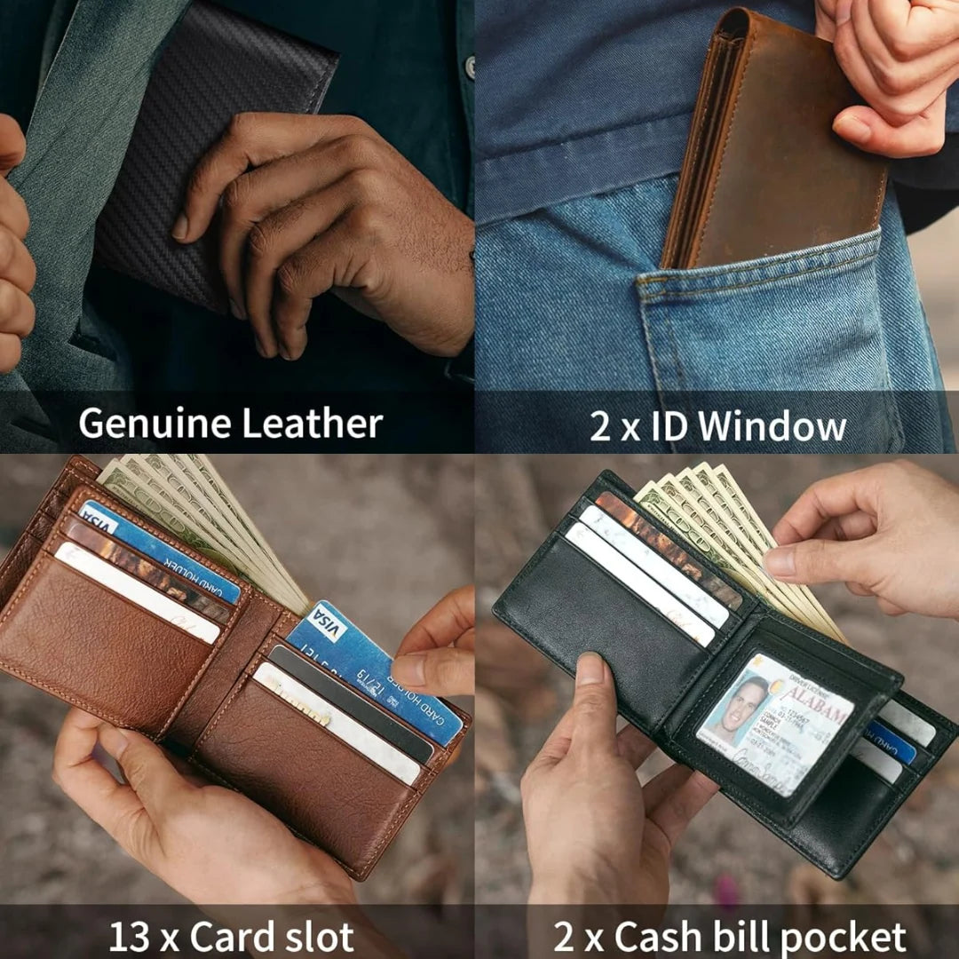 Men’s Bifold Wallet Genuine Leather RFID-Blocking 13 Card Slots