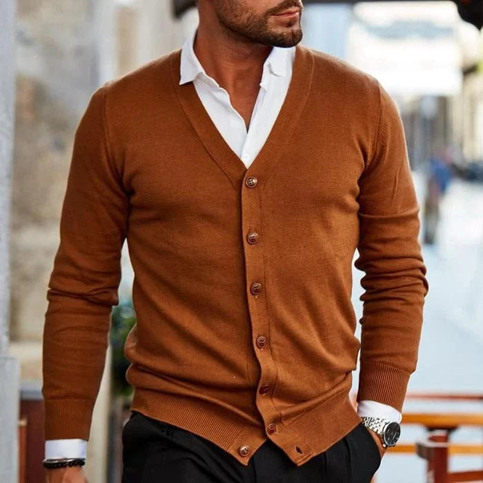 Men’s Cardigan V-Neck Button-Front Ribbed Cuffs And Hem
