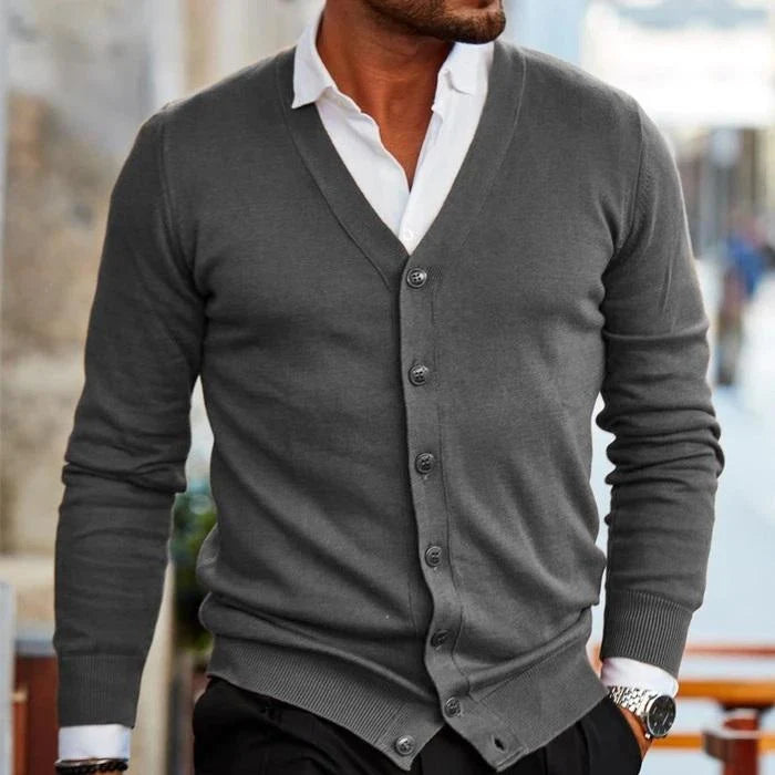 Men’s Cardigan V-Neck Button-Front Ribbed Cuffs And Hem