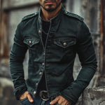 Men’s Denim Jacket Distressed Vintage Wash Stand Collar Slim Fit