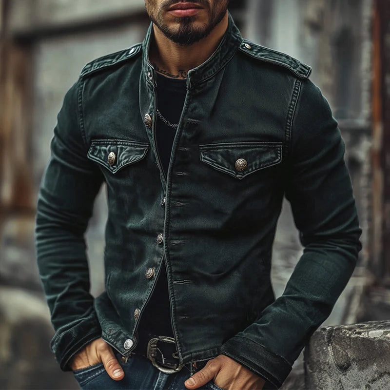 Men’s Denim Jacket Distressed Vintage Wash Stand Collar Slim Fit