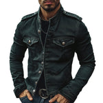 Men’s Denim Jacket Distressed Vintage Wash Stand Collar Slim Fit