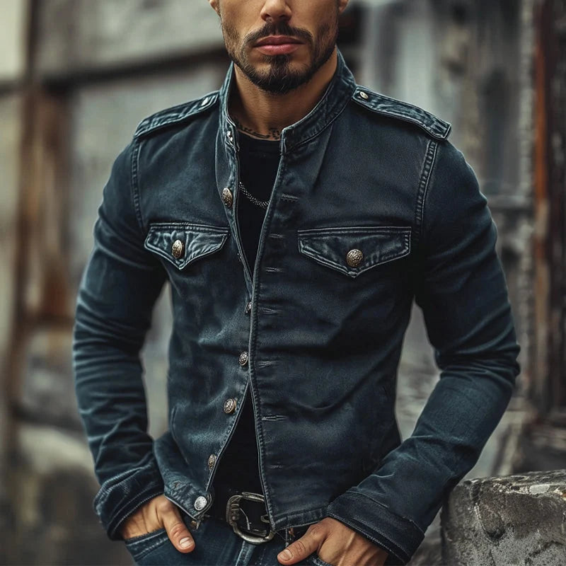 Men’s Denim Jacket Distressed Vintage Wash Stand Collar Slim Fit