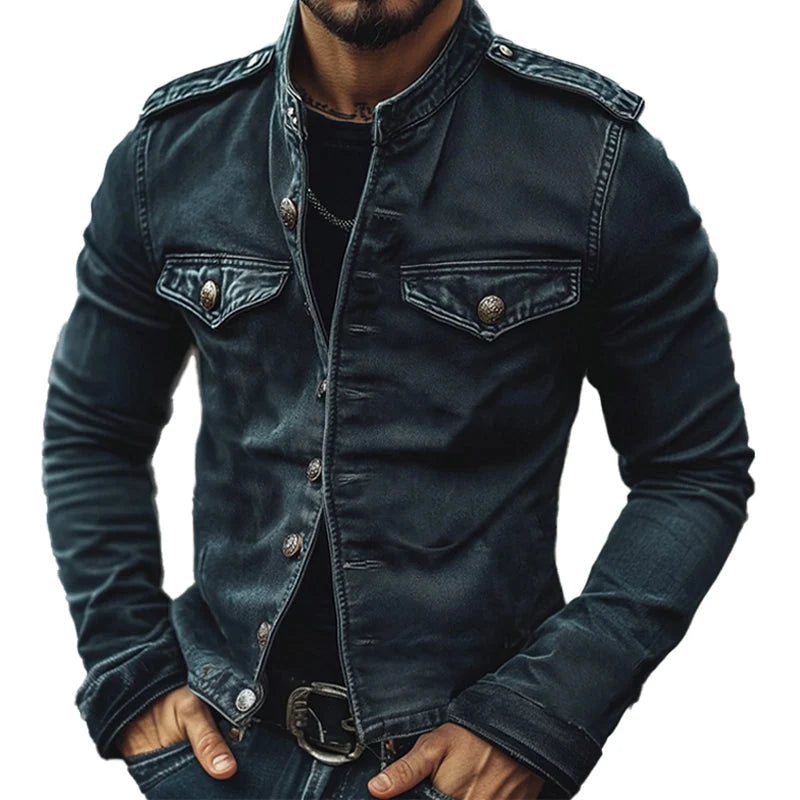 Men’s Denim Jacket Distressed Vintage Wash Stand Collar Slim Fit