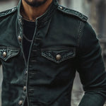 Men’s Denim Jacket Distressed Vintage Wash Stand Collar Slim Fit