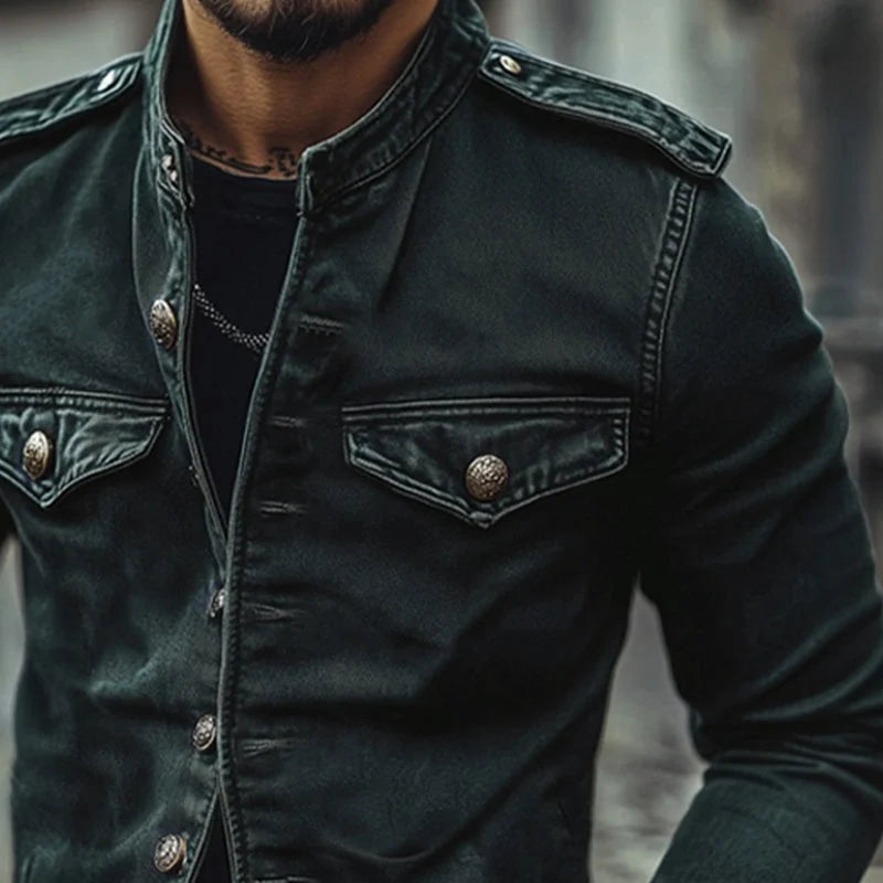Men’s Denim Jacket Distressed Vintage Wash Stand Collar Slim Fit