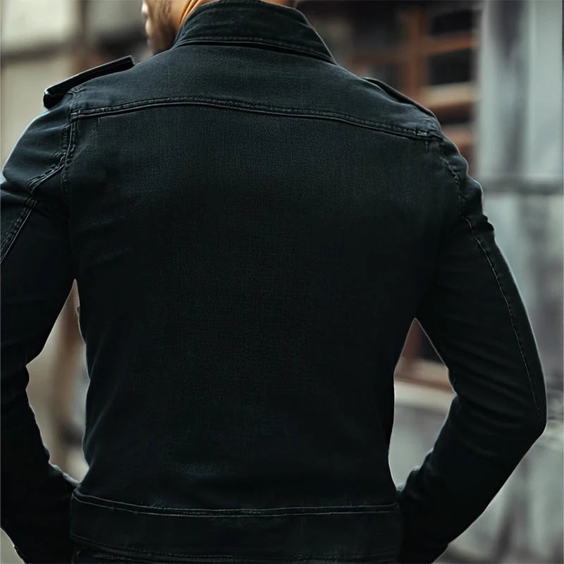 Men’s Denim Jacket Distressed Vintage Wash Stand Collar Slim Fit
