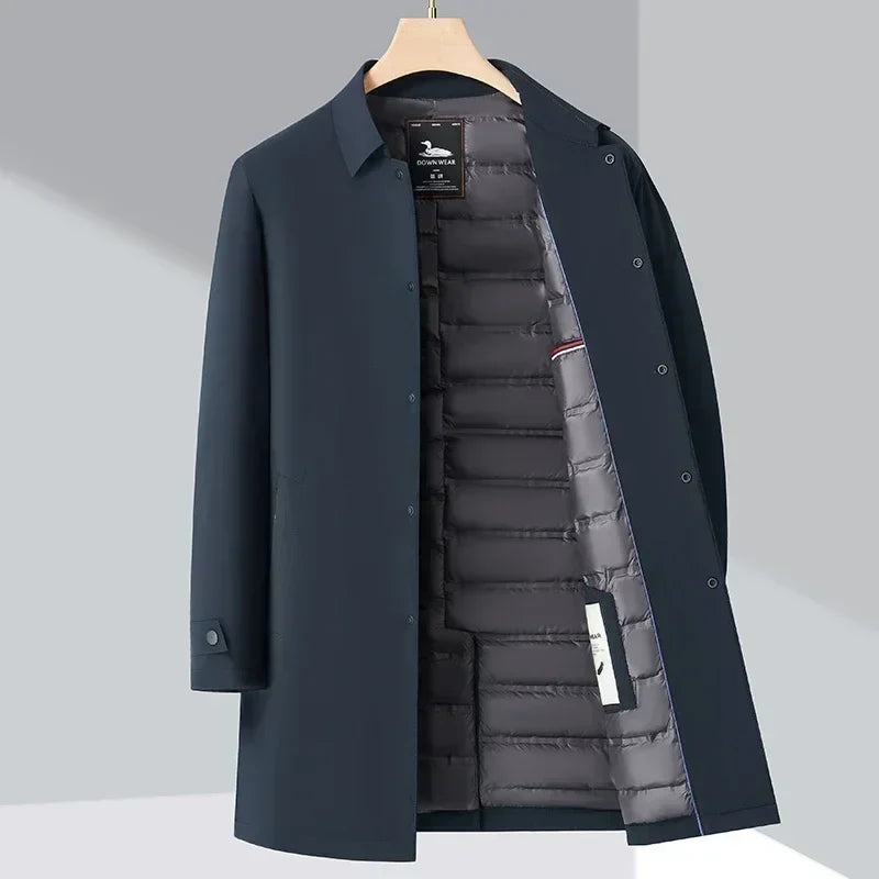 Men's Down Trench Coat Water-Repellent 3/4 Length