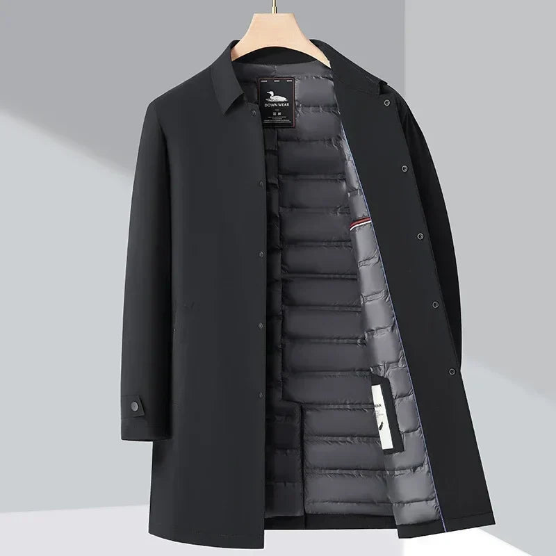 Men's Down Trench Coat Water-Repellent 3/4 Length
