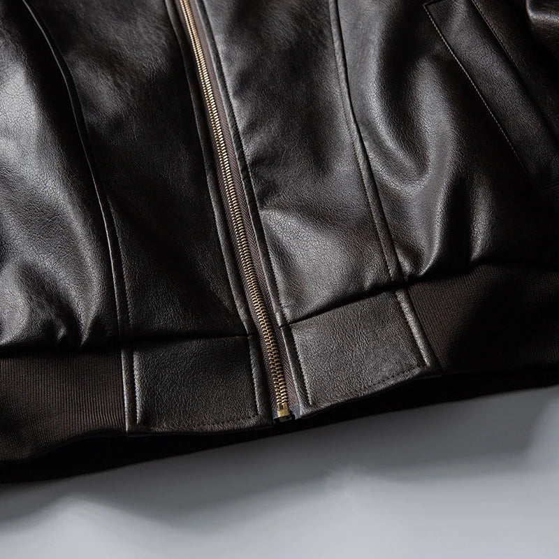 Men’s Leather Bomber Jacket Boxy Fit Full-Zip Closure Wind-Blocking Ribbed Cuffs