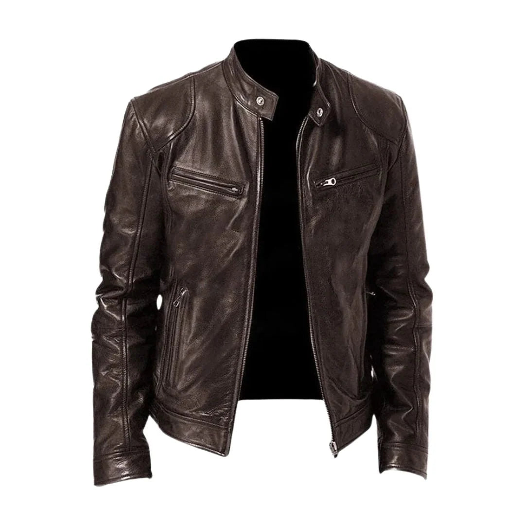 Men's Leather Jacket Stand-Up Collar Zippered Pockets