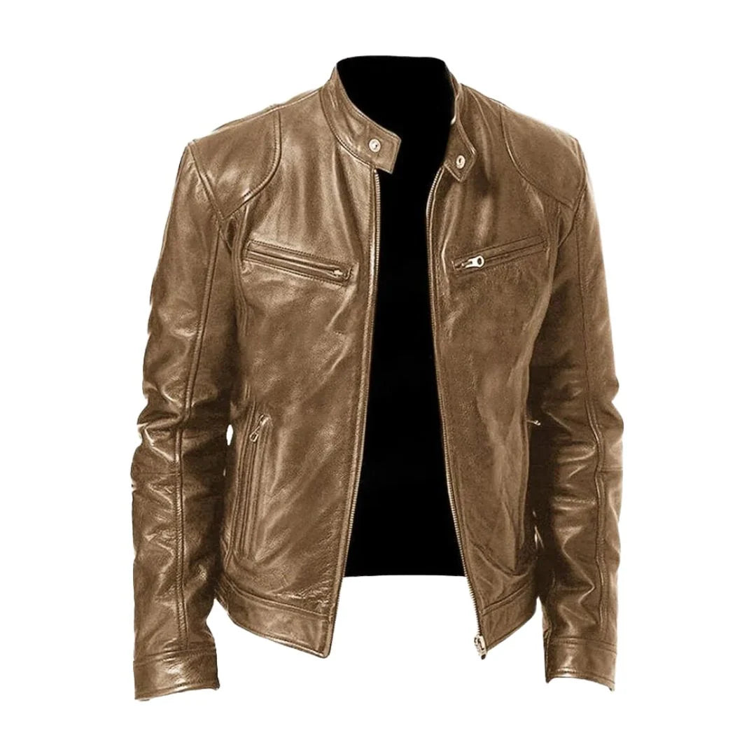 Men's Leather Jacket Stand-Up Collar Zippered Pockets