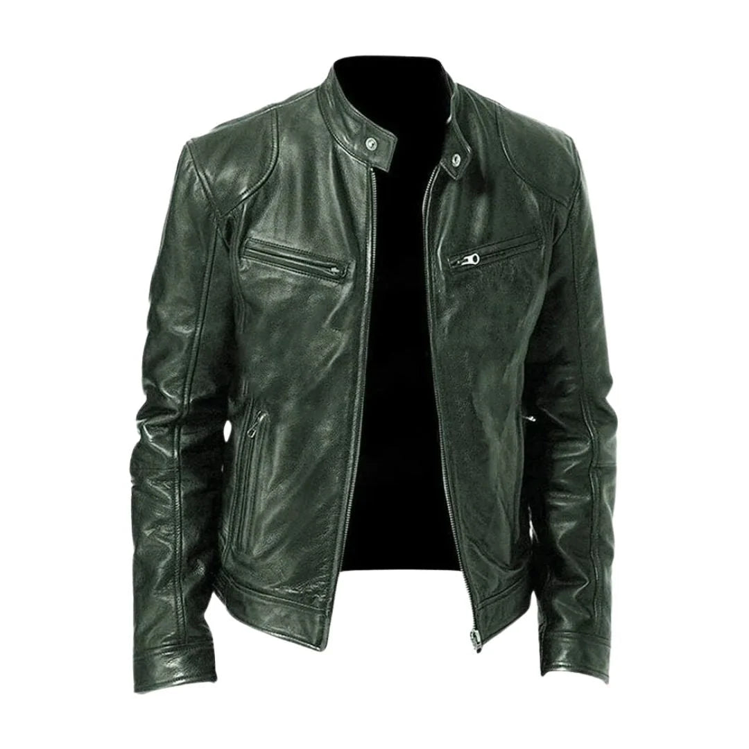 Men's Leather Jacket Stand-Up Collar Zippered Pockets