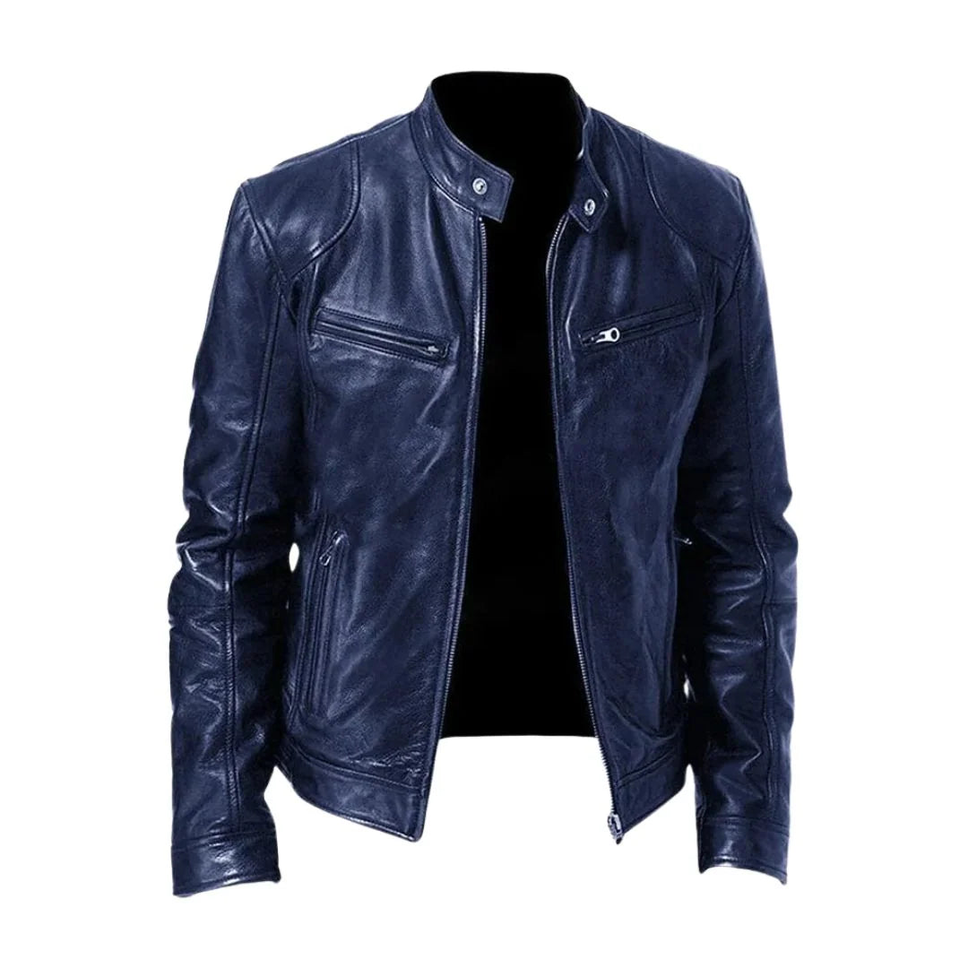 Men's Leather Jacket Stand-Up Collar Zippered Pockets