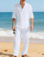Men's Linen Two-Piece Set Henley Shirt Straight-Leg Trousers