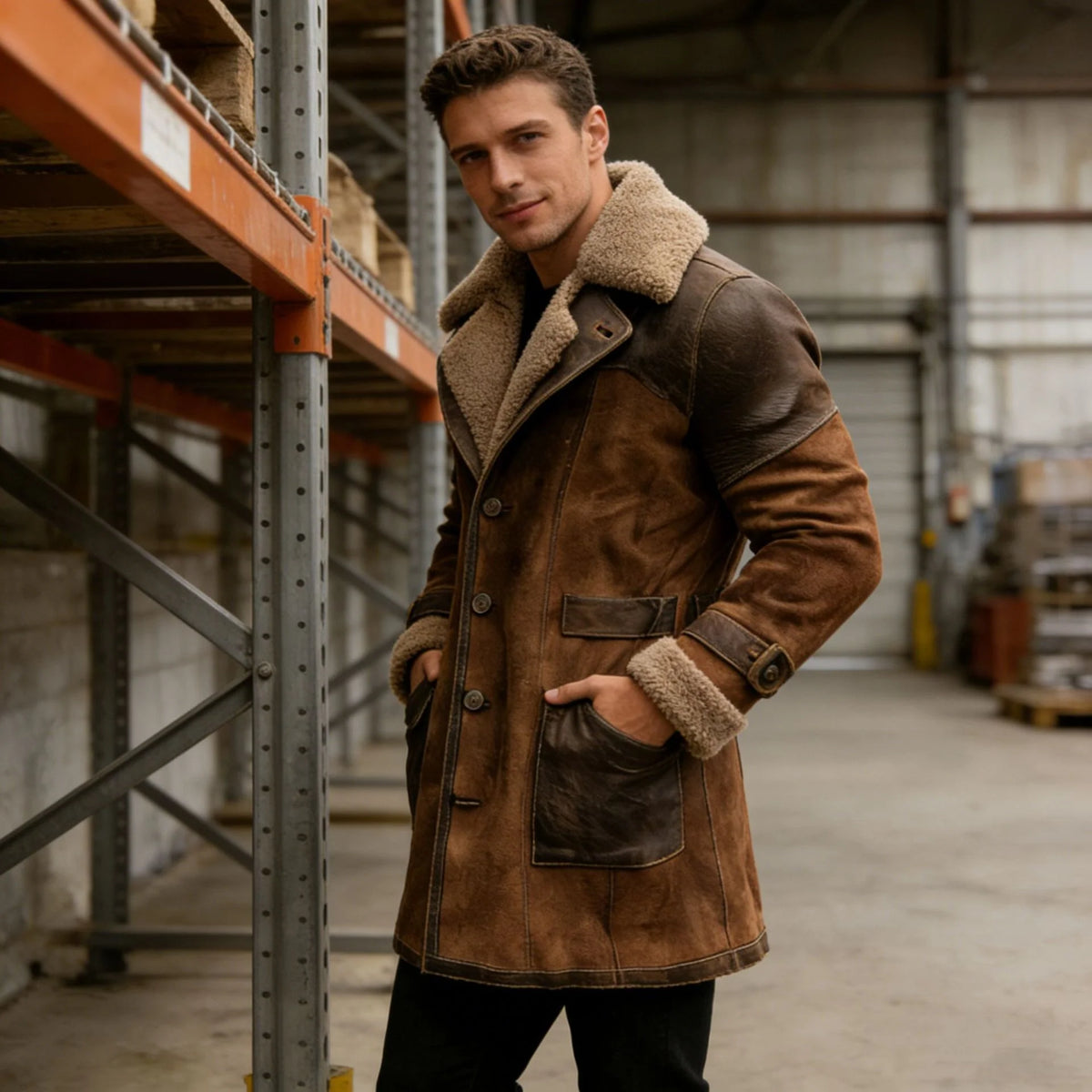 Men’s Long Coat Sherpa-Lined Suede-Look Leather Trim