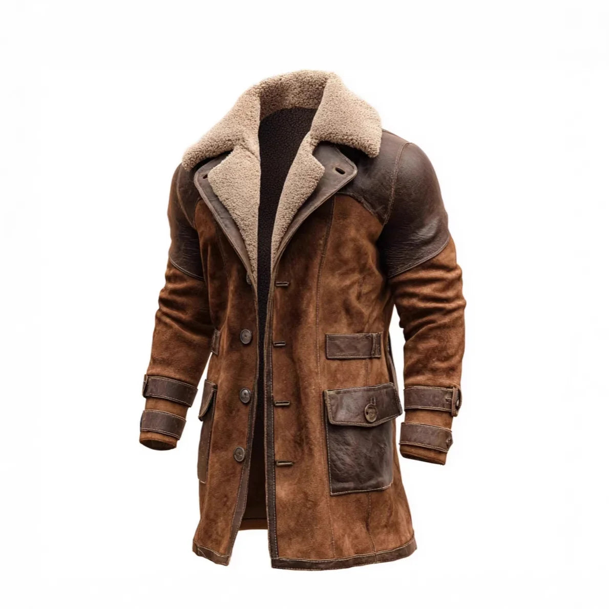Men’s Long Coat Sherpa-Lined Suede-Look Leather Trim