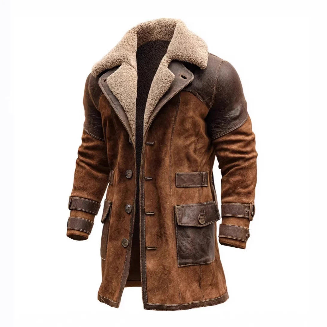 Men’s Long Coat Sherpa-Lined Suede-Look Leather Trim