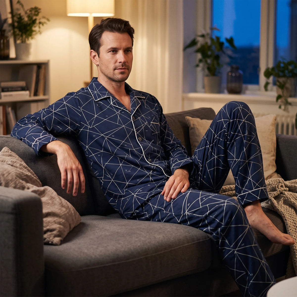 Men’s Pajama Set Soft Breathable Relaxed Fit Button-Front Shirt & Long Pants