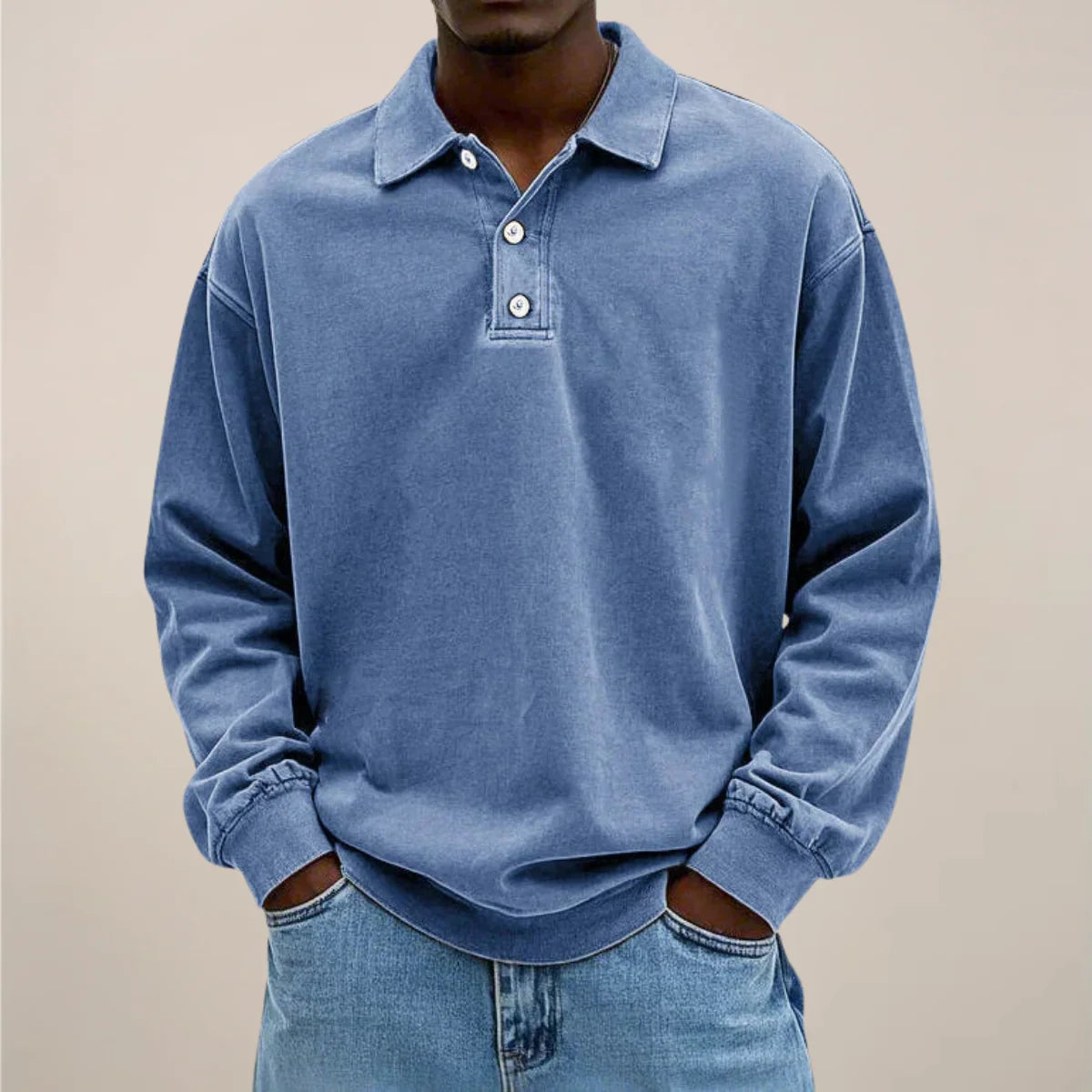 Men’s Polo Shirt Long Sleeve Relaxed Fit Button Placket