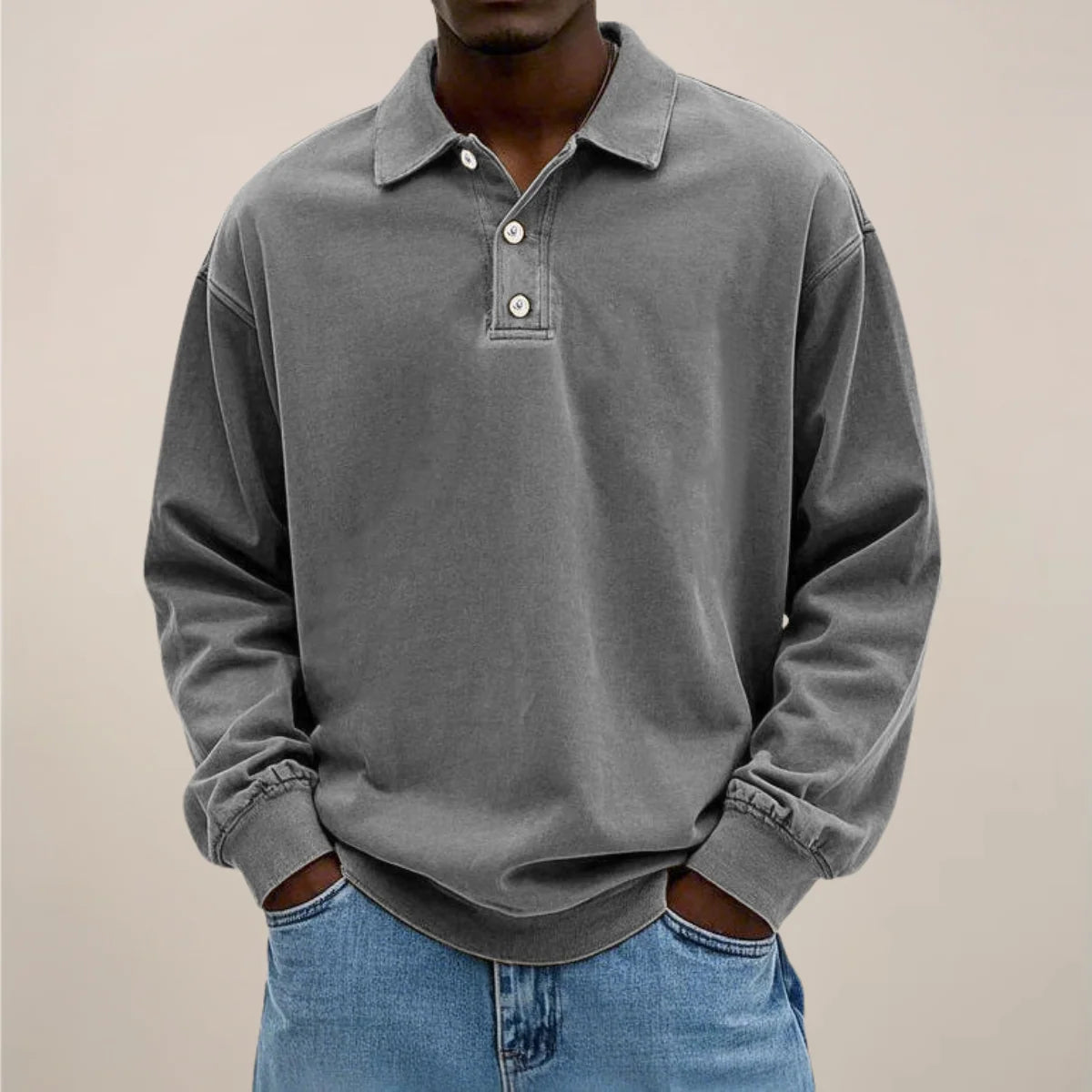 Men’s Polo Shirt Long Sleeve Relaxed Fit Button Placket