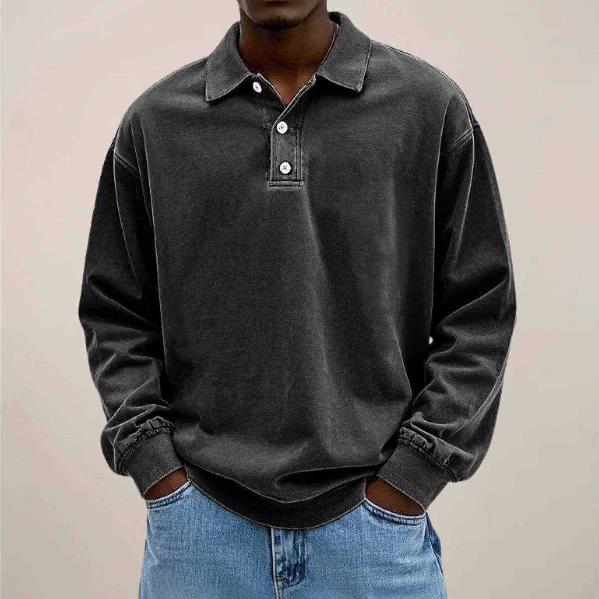 Men’s Polo Shirt Long Sleeve Relaxed Fit Button Placket