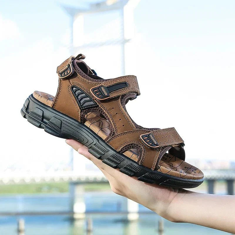 Men’s Sandals Leather Cushioned Adjustable Hook-and-Loop Closure