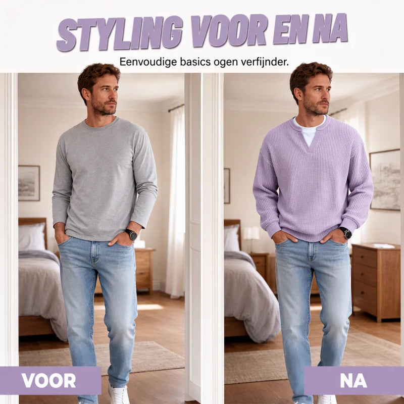Men’s Sweater Waffle-Knit Faux-Layered Long Sleeve