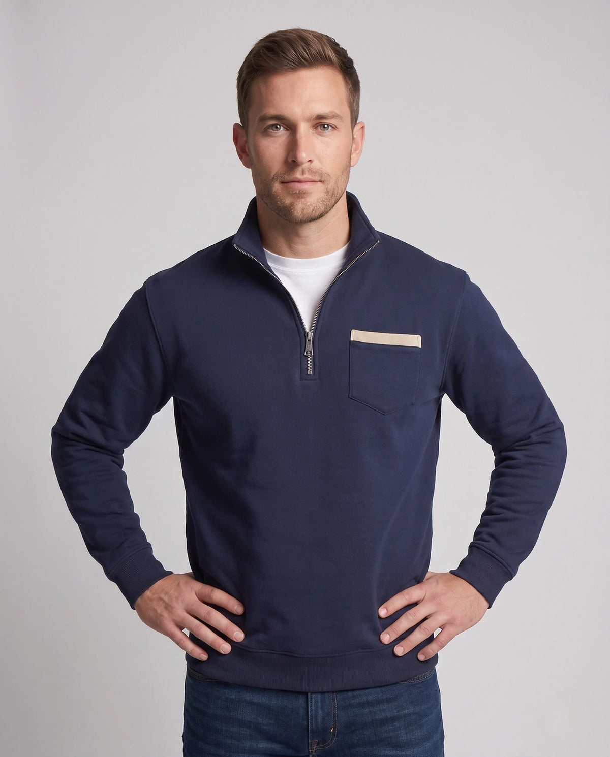 Men’s Sweatshirt Half-Zip Cotton Blend Chest Pocket & Ribbed Cuffs
