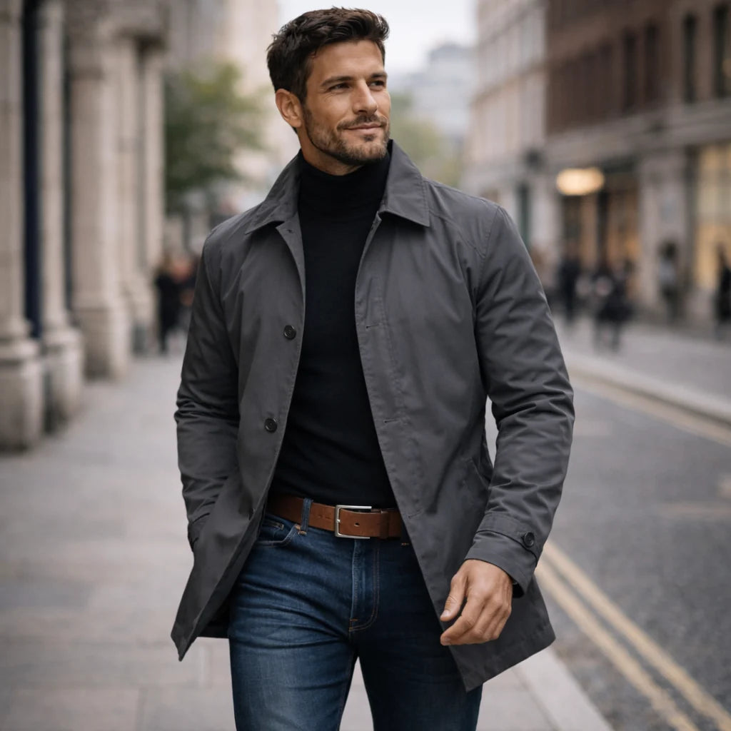Men’s Trench Coat Mid-Thigh Button Closure Point Collar