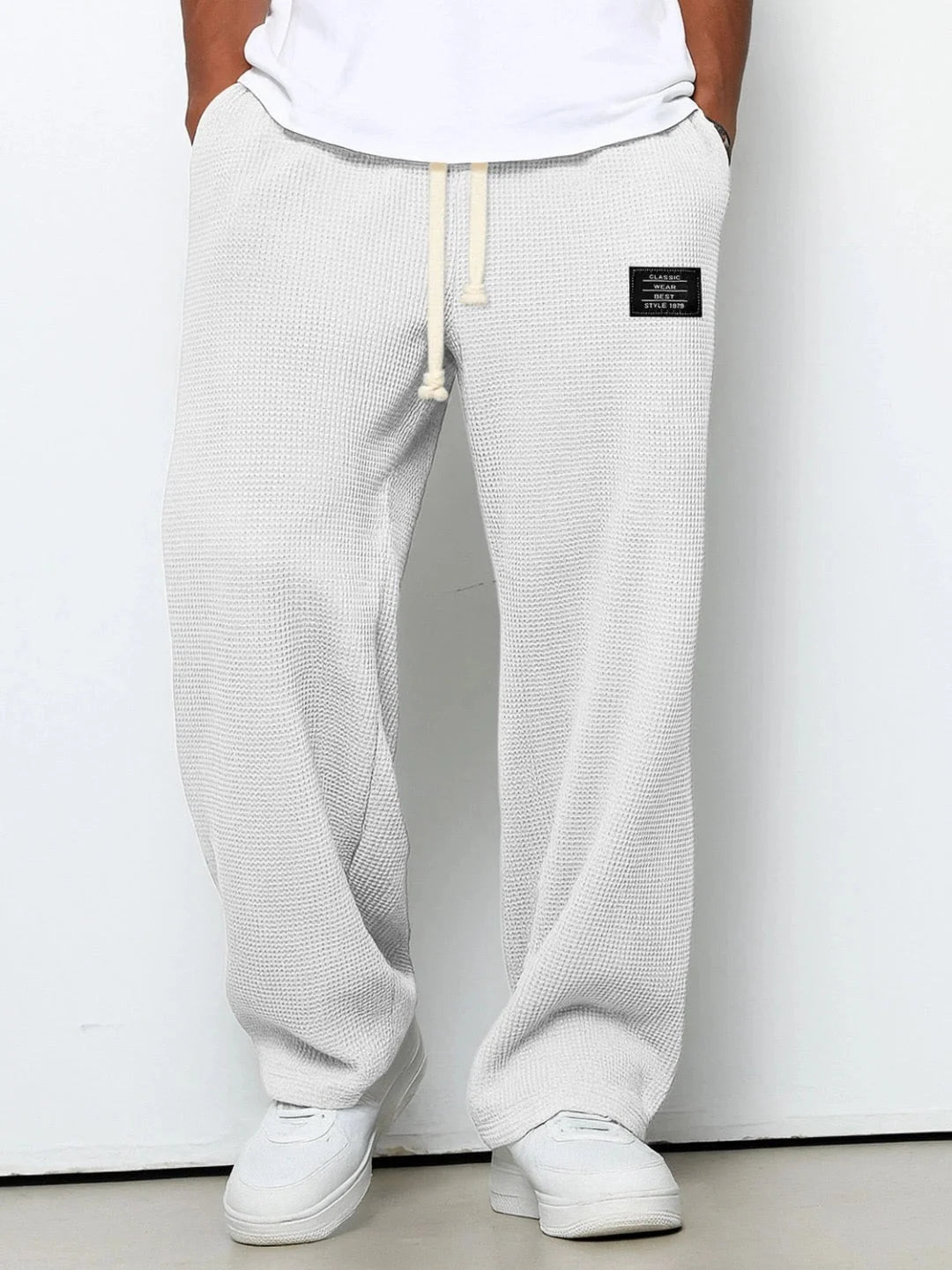 Men’s Trousers Waffle-Knit Wide-Leg Adjustable Drawstring Waist