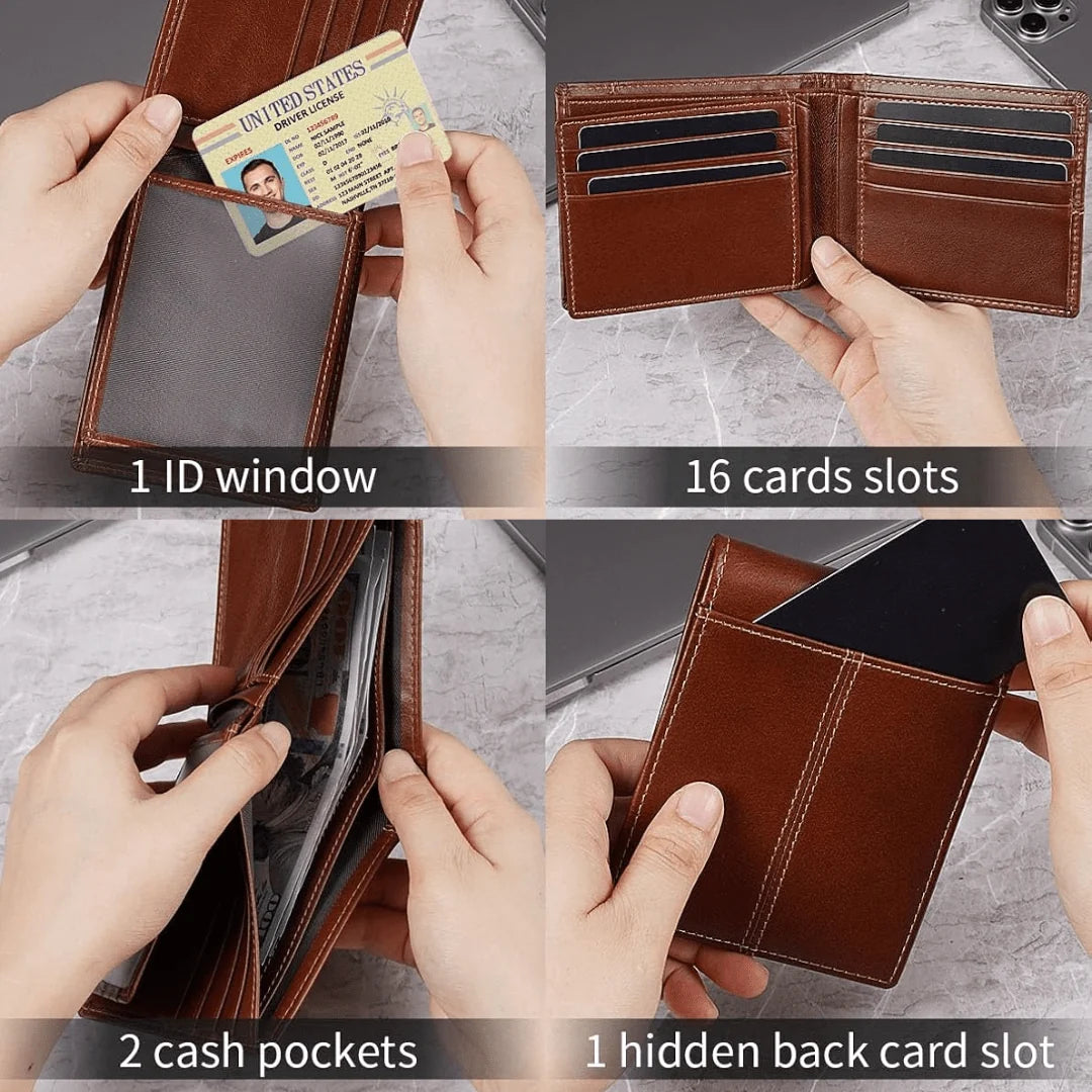 Men’s Wallet Genuine Leather Slim RFID-Blocking 10 Card Slots