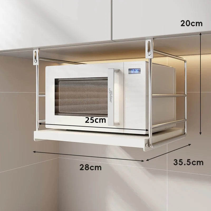 Microwave Shelf Under-Cabinet Stainless Steel Sliding Tray Adjustable Hooks
